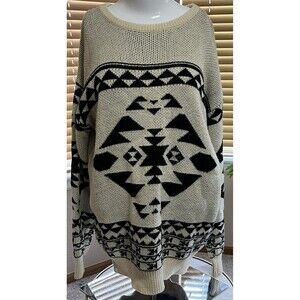 Active USA Sweater Oversize Long‎ Sleeve Pullover Beige Southwestern Women Large